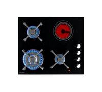 Plaque de cuisson mixte 3 foyers gaz et 1 foyer vitrocéramique - Double couronne 7400 W - Manettes - encastrable - Vitrocéramique et Gaz