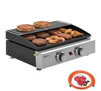 Plaque de cuisson Outsunny à 2 brûleurs, plancha à gaz portable avec grille de réchauffage, 5 kW, barbecue à gaz de table avec bac à graisse pour le camping, les pique-niques et les terrasses, noir