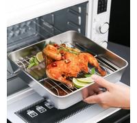 Plaque de cuisson rectangulaire en acier inoxydable avec grille et poignées pour dinde, poulet, légumes et lasagnes (A)