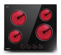 Plaque de cuisson vitrocéramique 60 cm, 4 zones de cuisson, électrique encastrable autonome sans cadre, minuterie, commande par bouton, 8 niveaux, 6000 W, convient à la plupart des casseroles