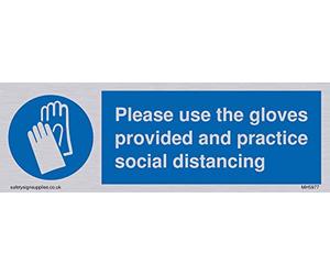 Plaque de distance en vinyle avec inscription « Please use the gloves provided and practice social ».