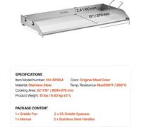 Plaque de gril, surface de cuisson 23", acier inoxydable, résistance à la température jusqu'à 500°F, 32x17 pouces