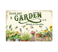 Plaque de jardin vintage en aluminium - Cadeau amusant pour femme amateur de plantes - Pour planter un jardin est de croire en demain - Décoration murale rustique - 14 x 20 cm