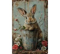 Plaque de métal de Pâques dans un style de conte de fées rétro avec motif de lapin, mignonne enseigne vintage en métal avec motif de lapin, affiche en métal de lapin pour fêtes d'enfants, ferme, salon