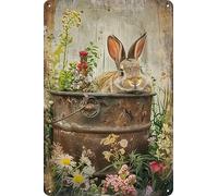 Plaque de métal de Pâques dans un style rétro de conte de fées avec motif de lapin, mignonne plaque de métal vintage avec motif de lapin, affiche en métal de lapin pour fêtes d'enfants, ferme, salon