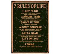 Plaque de motivation rétro en métal 7 Rules of Life - Décoration murale amusante pour maison, grotte, garage, bar - 20,3 x 30,5 cm
