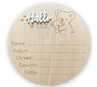 Plaque de naissance en bois pour bébé - Hello World Koala Mama & Baby, plaque de date de naissance en bois, souvenir de naissance, cadeau pour bébé unisexe, accessoire photo nouveau-né, 14,6 cm