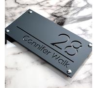Plaque de numéro de maison et numéro de rue en acrylique personnalisable - Gravure au laser - Noir mat/gris mat - Pour l'extérieur - Gris + noir