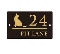 Plaque de numéro de maison personnalisée 3D en acrylique avec motif chat - Découpe au laser - Cadeau - Noir doré, 30 x 18 cm