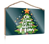 Plaque de porte à suspendre en forme de sapin de Noël avec ornements et inscription « Oh Come Let Us Adore him » - Panneau de porte amusant pour la maison et le bureau - Panneau de salle de bain (20 x