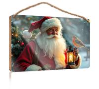 Plaque de porte à suspendre Père Noël tenant une lanterne avec un rouge-gorge perché dessus, panneau de porte amusant pour salle de bain (23 x 35 cm)