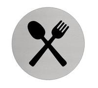 Plaque de porte argent CombiCraft en aluminium avec pictogramme de couverts, la plaque de porte est ronde avec un diamètre de 75 mm, pour cuisine, cantine ou restaurant.