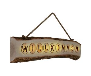 Plaque de porte Bienvenue en bois Plaque décorative de porte d'entrée Inscription de bienvenue à suspendre, bois de pin Jute suspension, LED blanc chaud, LxlxH 60x3,6x12 cm