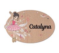 Plaque de Porte Danseuse Personnalisée. Plaque Chambre Enfant. Plaque Bois Personnalisable avec Prénom. Décoration Chambre Enfant Danse Originale - Lot de 2 Pieds en Bois + Renfort, Plexi Noir