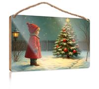Plaque de porte d'entrée « A Child In A Red Coat Admires A Snow-Covered Christmas Tree » - Décoration de salle de bain amusante en bois pour travaux manuels (23 x 35 cm)