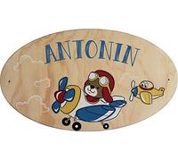 Plaque de Porte en bois personnalisée pour une Chambre d'enfant - Le prénom de la plaque en bois est personnalisable - cadeau de naissance personnalisé bébé Décoration (Avion Pilote)