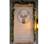 Plaque de porte en métal - Motif cerf - 45 x 50 cm - Décoration de Noël et d'hiver - Aspect rouille - Ronde - Découpe au laser - Alternative avec trou de suspension - Pour porte, couloir et salon