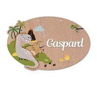 Plaque de Porte Personnalisée Dinosaure. Plaque Chambre Enfant. Plaque Bois Personnalisable avec Prénom. Décoration Chambre Enfant Dinosaures - 2 perçages en Haut, Plexi Blanc