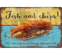 Plaque de porte rétro en métal | Fish and Chips Seaside | Plaque de porte vintage | Home Club Bar Man Cave Garage Ferme Décoration murale en métal 20,3 x 30,5 cm