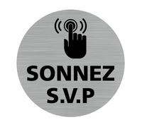 Plaque de porte rond pictogramme sonnez svp, Diamètre 76 mm (7,6 cm), Adhésif aspect aluminium brossé