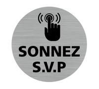 Plaque de porte Sonnez SVP - SIGNALETIQUE.BIZ FRANCE - Diamètre 83 mm - Adhésif aspect aluminium brossé