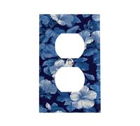 Plaque de prise murale à motif hibiscus bleu, fleurs et feuilles blanches, pour interrupteur double ou simple prise.