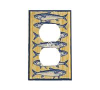 Plaque de prise murale à rayures jaunes et blanches, motif sardines, pour interrupteur double ou simple prise.