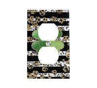 Plaque de prise murale à rayures noires et blanches avec motif trèfle pailleté (1 poste). Plaque de protection pour interrupteur double. Plaque de protection pour prise simple ou double.