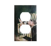 Plaque de prise murale avec un cochon dormant sur un fauteuil rayé vert et blanc. Plaque pour interrupteur double. Plaque pour prise simple ou double.