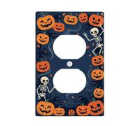 Plaque de prises de courant duplex avec motif squelette et citrouilles | Squelettes dansants, chats noirs, feuillage d'automne, brouillard effrayant, fond bleu foncé, accents saisonniers pour la