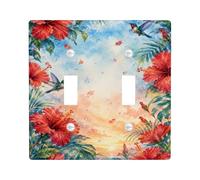 Plaque de protection pour double interrupteur, motif hibiscus, feuilles de colibri, fleurs tropicales, rouge d'été, taille standard, décoration pour chambre à coucher, salle de bain, cuisine, entrée