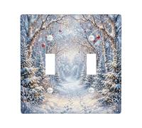 Plaque de protection pour interrupteur double avec motif forêt enneigée | Scène de forêt d'hiver, guirlandes lumineuses lumineuses, ornements d'arbre rouge, chemin enneigé serein
