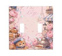 Plaque de protection pour interrupteur double en forme de chat - Vintage romantique - Tour de Paris - Pivoines - Printemps - Pêche - Taille standard - Décoration pour la maison, le salon, la chambre à