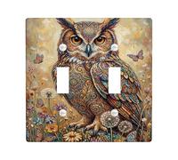 Plaque de protection pour interrupteur double en forme de hibou, motif nature, bohème, papillon, fleur, printemps, en plastique marron, taille standard pour la maison, le salon, la chambre à coucher