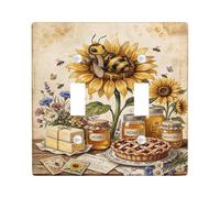 Plaque de protection pour interrupteur double en forme de tournesol - Style rustique vintage - Abeille miel - Jaune été - Taille standard - Décoration pour salon, chambre à coucher, maison et bureau