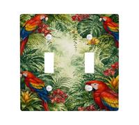 Plaque de protection pour interrupteur double motif ara tropical | Perroquets aras écarlates, feuillage de la forêt tropicale, feuilles de monstera, orchidées exotiques