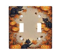 Plaque de protection pour interrupteur double motif chat et citrouilles | Jack-o'-lanternes, feuilles d'automne, glands, illustration fantaisie, décoration murale saisonnière
