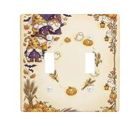 Plaque de protection pour interrupteur double Motif nain de récolte | Jack-o'-lanterns, fantômes amicaux, tiges de blé, récolte d'automne, illustration fantaisiste