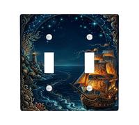Plaque de protection pour interrupteur double motif nautique fantaisie phare étoilé été bleu en plastique taille standard pour décoration de maison, salon, chambre à coucher, salle de bain