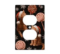 Plaque de protection pour interrupteur en forme de chat de Noël, chapeaux de Père Noël rouges festifs avec tourbillons de bonbons, plaques murales en thermoplastique, prise duplex simple de taille