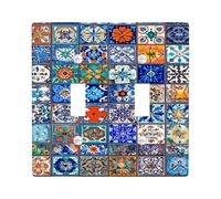Plaque de protection pour interrupteur en mosaïque colorée - Motif carreaux bleus et orange pour décoration d'intérieur - Plaques murales thermoplastiques - Taille standard - Double bascule