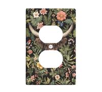 Plaque de protection pour interrupteur floral - Vache des Highlands noire avec fleurs colorées - Décoration rustique - Prise duplex simple de taille standard