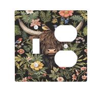 Plaque de protection pour interrupteur floral - Vache des Highlands noire avec fleurs colorées - Décoration rustique de ferme - Duplex de taille standard