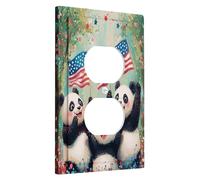 Plaque de protection pour interrupteur motif panda patriotique, drapeaux américains, décoration de célébration du printemps, accents muraux d'animaux mignons, prise duplex simple en thermoplastique de
