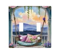 Plaque de protection pour interrupteur mural double balançoire, rustique, vintage, fleurs, montagnes, printemps, bleu pastel, en plastique de taille standard, pour nouvel appartement, maison, chambre