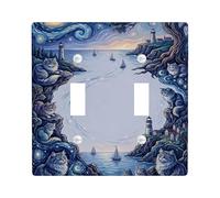 Plaque de protection pour interrupteur mural double en forme de phare, motif chats côtiers, océan, été, bleu, taille standard, pour chambre à coucher, salle de bain, cuisine, entrée