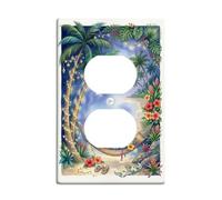 Plaque de protection pour prise de courant duplex Motif palmiers | Scène de plage tropicale, fleurs d'hibiscus, hamac avec cadeaux, ambiance de vacances côtières, horizon de nuit étoilée