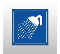 Plaque de signalétique carrée - Pictogramme Douche - Gravoply 100 x 100 mm Blanc sur fond Bleu