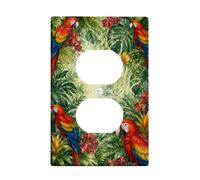 Plaque de sortie duplex botanique avec motif ara tropical | Perroquets aras écarlates, feuillage de la forêt tropicale, feuilles de monstera, orchidées exotiques