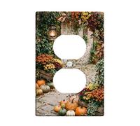 Plaque de sortie duplex rustique pour récolte d'automne citrouilles | Toile de fond murale en pierre rustique, chrysanthèmes vibrants, lanterne suspendue, thème récolte confortable